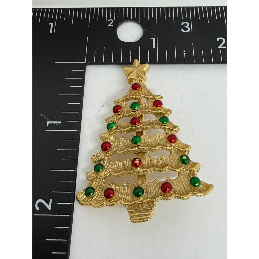 VINTAGE Gerry's Christmas Tree Brooch Signed Gold Tone Red Green Rhinestone Pins